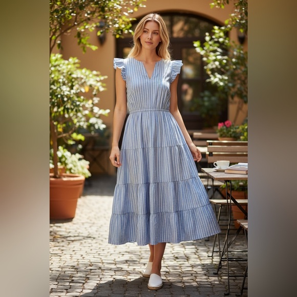 J. Crew Dresses & Skirts - J Crew Blue Striped Tiered Midi Dress Flutter Sleeve Size 10 Cottagecore
